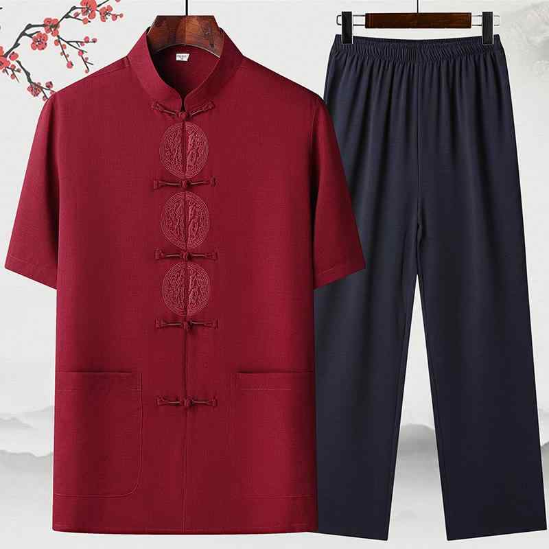 唐装 メンズ 中老年 男性用 春夏 半袖 綿麻 コットンリネン 無地 シンプル 中国風 高級感 太極拳服 太極拳ウェア チャイナ服 中国風セットアップ 上下セット カジュアル リラックスウェア 部屋着 ルームウェア