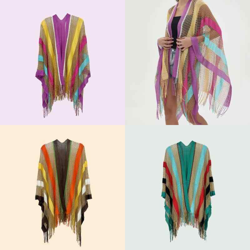 ショール レディース 民族風 ボヘミアン カラフル ストライプ ニット 透かし編み フリンジ 通気性 旅行..