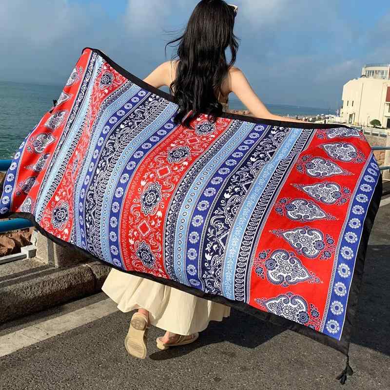 ショール スカーフ レディース UVカット 日よけ対策 エスニック レトロ 民族風 旅行 リゾート 海辺 ビーチ 綿麻素材 総柄 花柄 ミドル丈 大判 冷房対策 オールシーズン