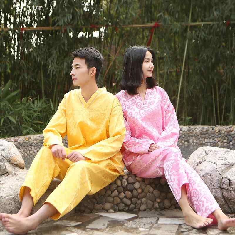 サウナウェア 男女兼用 カップル ペア 長袖 ロングパンツ セットアップ 綿混 ポリエステル混 中厚手 高級感 汗蒸 温泉 マッサージ ルームウェア 浴衣