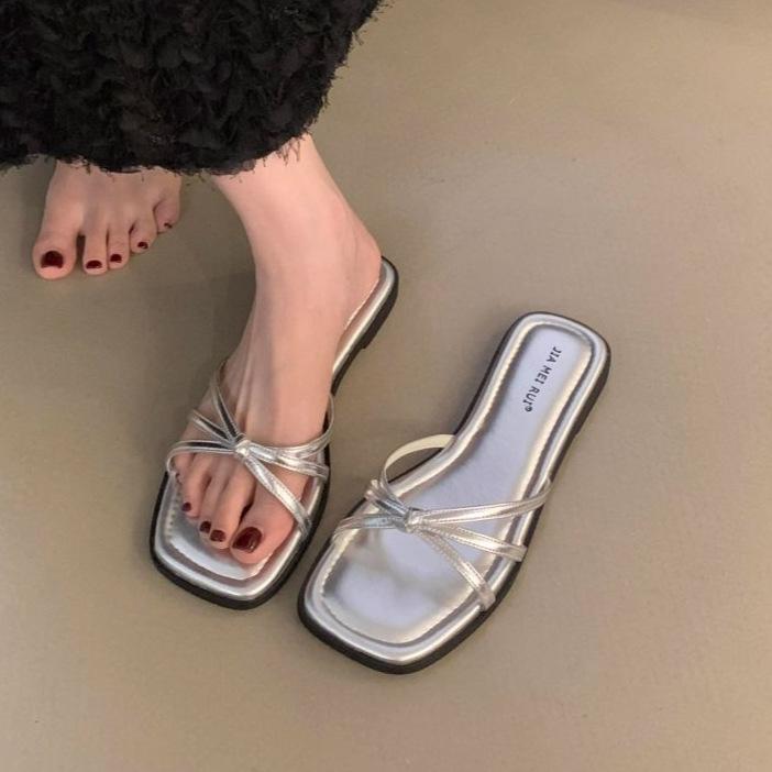 サンダル レディース フラットソール シルバー PUレザー 韓国風 フレンチスタイル ミュール 夏 外履き ビーチ 歩きやすい 快適 軽量 カジュアル