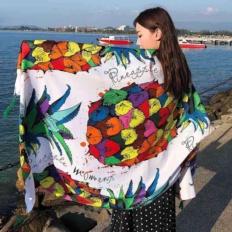 ビーチタオル レディース UVカット 大判 綿麻 フリンジ ボヘミアン パイナップル柄 カラフル ショール ..