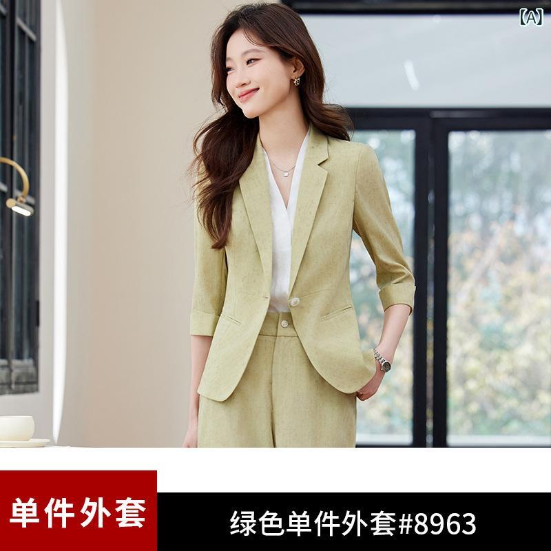 セットアップ レディース 春夏 軽量 薄手 シワになりにくい 小柄な方向け 高級感 通勤 オフィス オフィスカジュアル ビジネス スリムフィット 七分袖 ジャケット パンツ グリーン