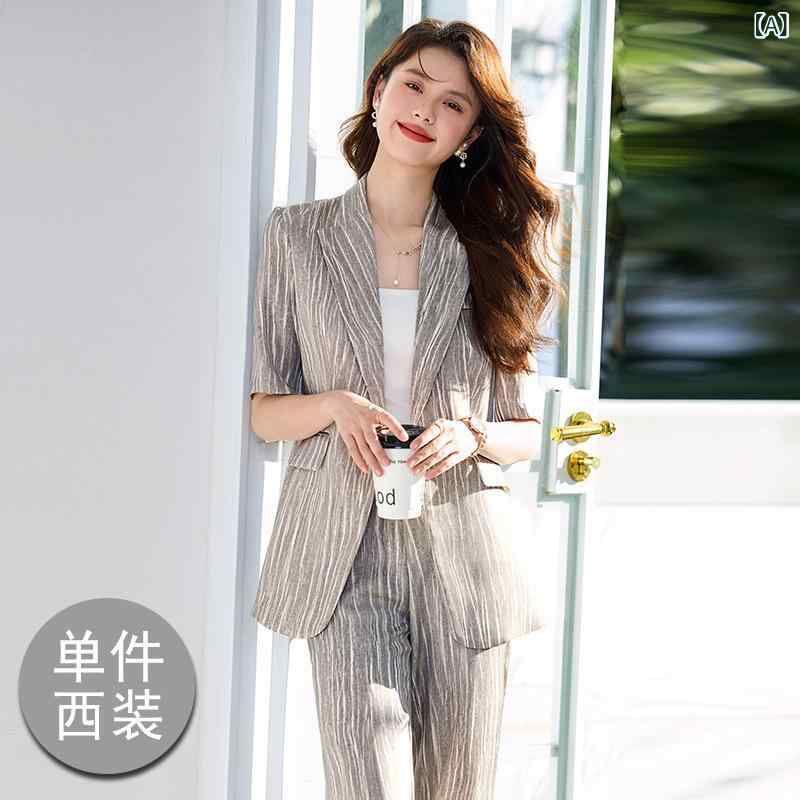 セットアップ レディース ビジネススーツ 通勤 オフィス テーラードジャケット 高級感 デザイン スリムフィット ワンボタン 半袖 形態安定 ストレッチ ポリエステル 無地 エレガント きれいめ