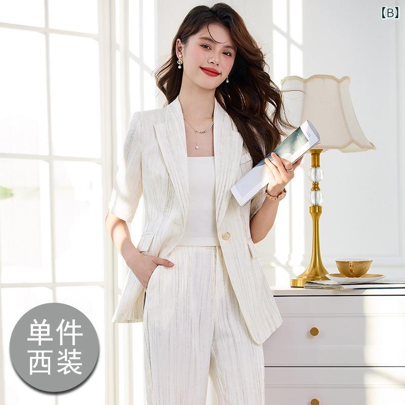 セットアップ レディース ビジネススーツ 通勤 オフィス テーラードジャケット 高級感 デザイン スリムフィット ワンボタン 半袖 形態安定 ストレッチ ポリエステル 無地 エレガント きれいめ