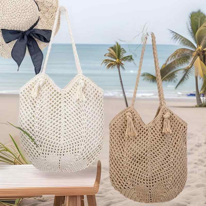 バッグ レディース 綿糸 編み込み 透かし編み 大容量 フリンジ ショルダーバッグ バケット型 トートバッグ ストロー風 春夏 おしゃれ ビーチ デイリーユース(x3)
