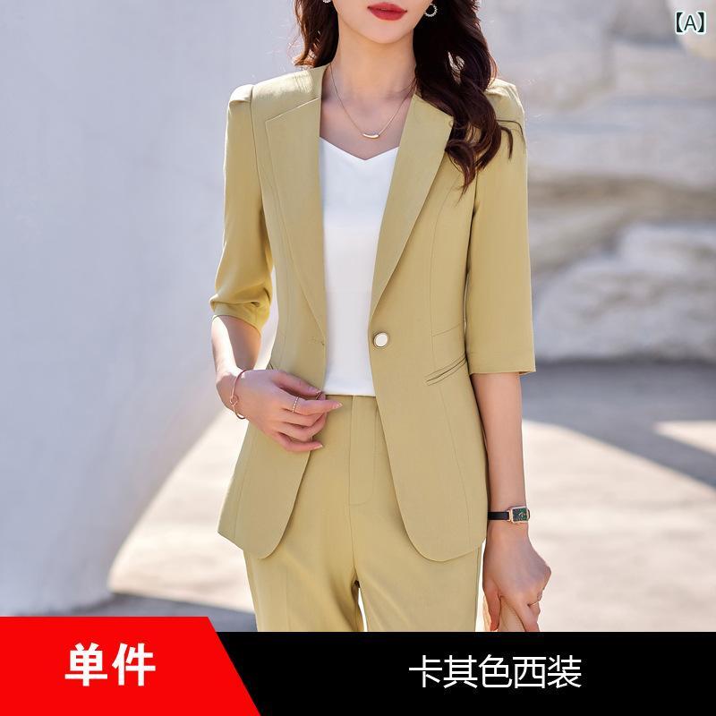 スーツ レディース 春夏 薄手 軽量 オフィス ビジネス 通勤 ジャケット セットアップ パンツ おしゃれ きれいめ エレガント スリムフィット ポリエステル 形態安定 七分袖 1つボタン