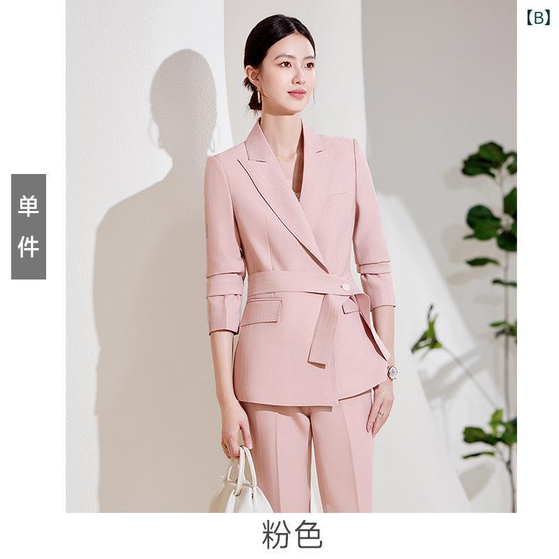 スーツセット レディース テーラードカラー 七分袖 スリムフィット 形態安定 ストレッチ ポリエステル素材 夏 ビジネス オフィス 通勤 カジュアル エレガント