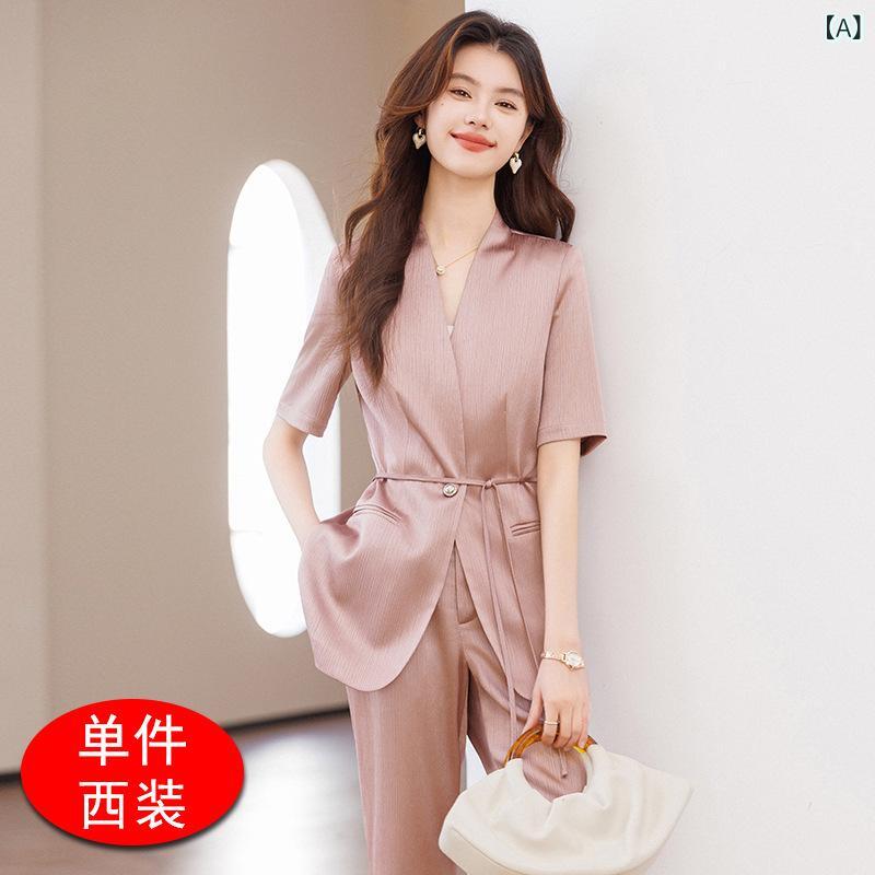 セットアップ レディース 春夏 半袖 ノーカラー ジャケット ビジネス オフィス フォーマル 通勤 ウエストシェイプ 細見え スリムフィット シワになりにくい ポリエステル 2点セット