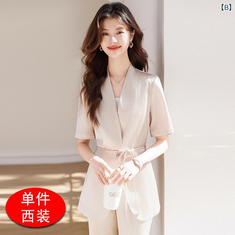 セットアップ レディース 春夏 半袖 ノーカラー ジャケット ビジネス オフィス フォーマル 通勤 ウエストシェイプ 細見え スリムフィット シワになりにくい ポリエステル 2点セット