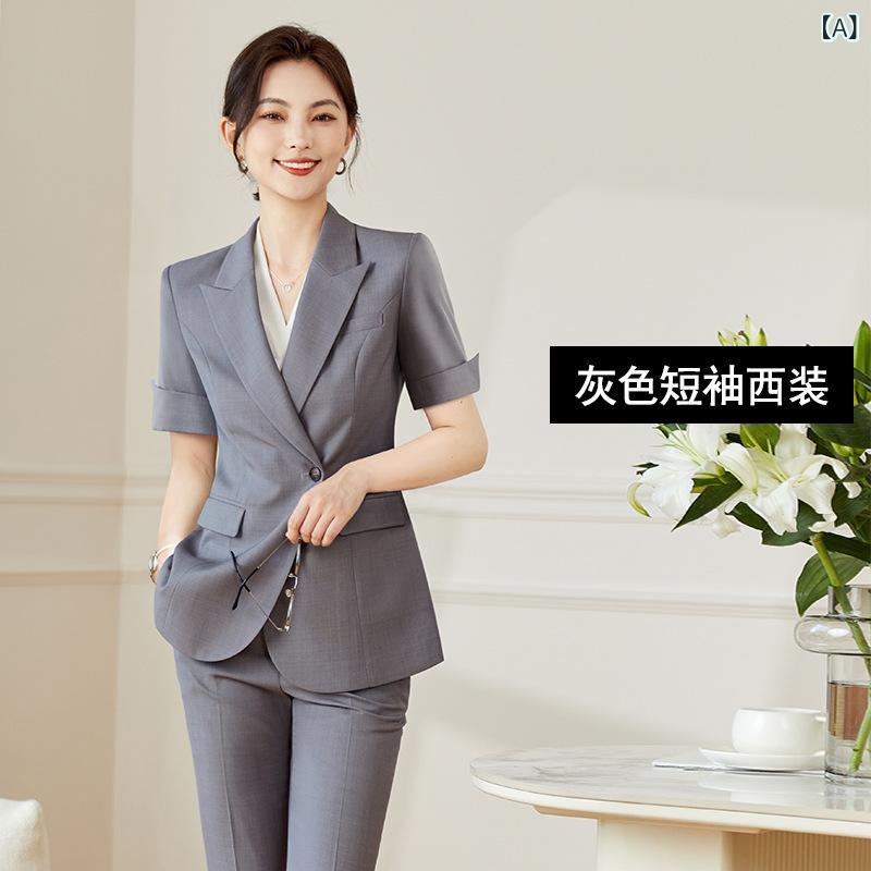 スーツ セットアップ レディース グレー 高級感 着痩せ 細見え 低身長 小柄さん向け 半袖 1つボタン 通勤 オフィス ビジネス カジュアル フォーマル