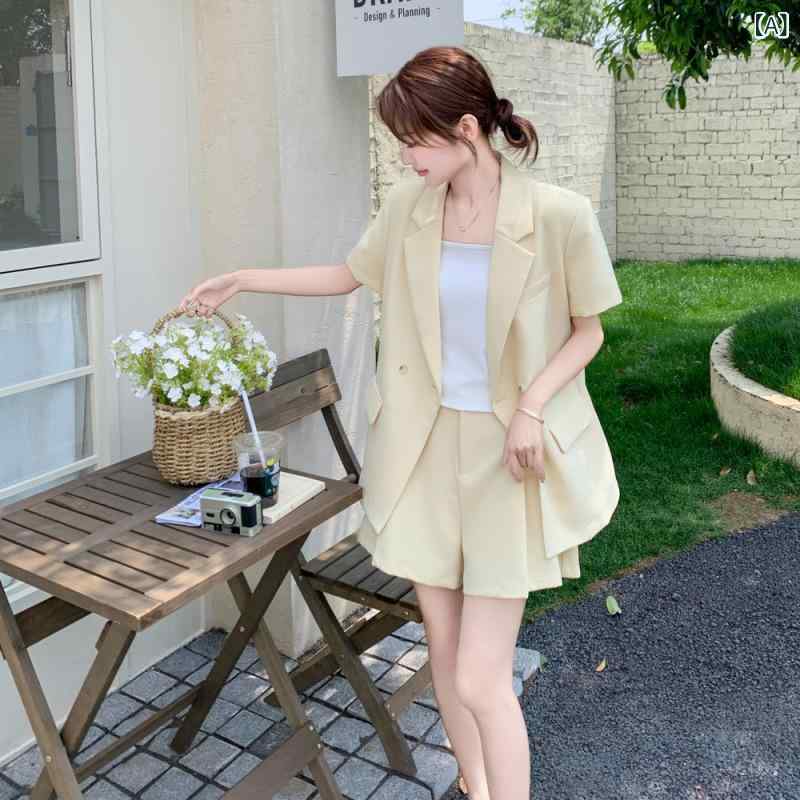 セットアップ レディース 無地 きれいめ 通勤用 ジャケット ショートパンツ ポリエステル ポケット付き カジュアル ライトイエロー ツーピース
