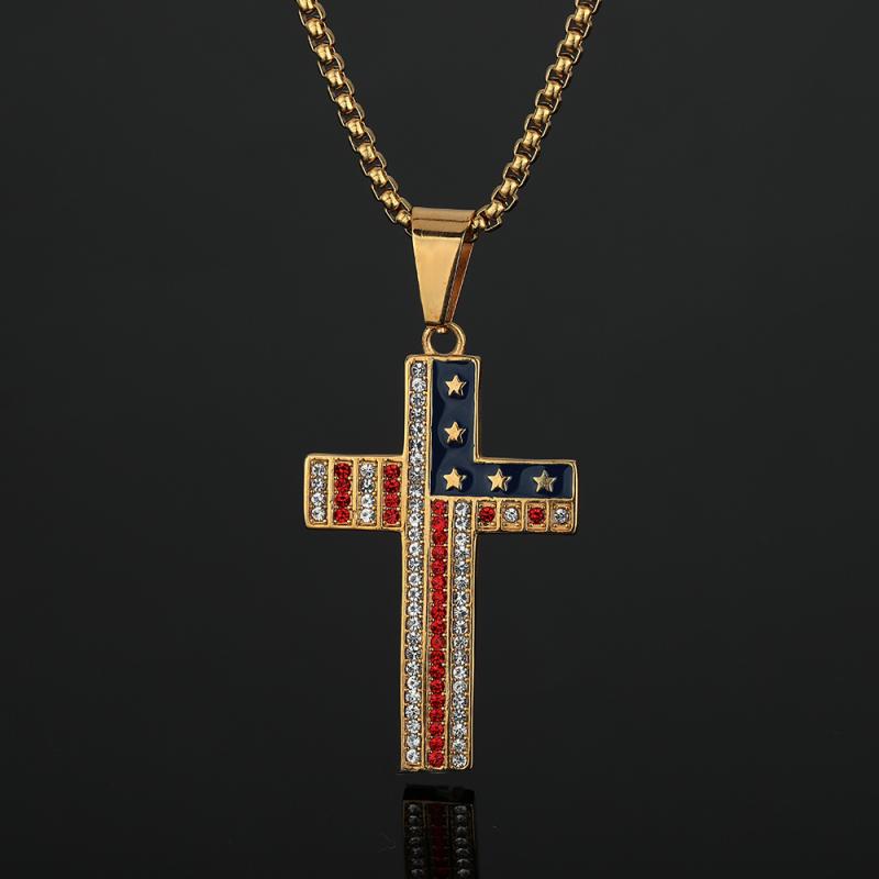 ネックレス メンズ ヒップホップ 個性的 アメリカンフラッグ 星条旗 クロス チタン鋼 ゴールドメッキ ..