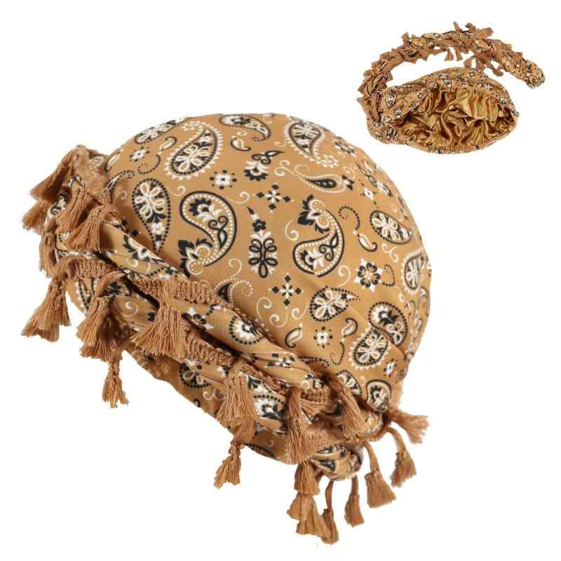 ターバンキャップ ペイズリー柄プリント フリンジ ねじりデザイン UVカット 防風 防寒 スパンデックス ..