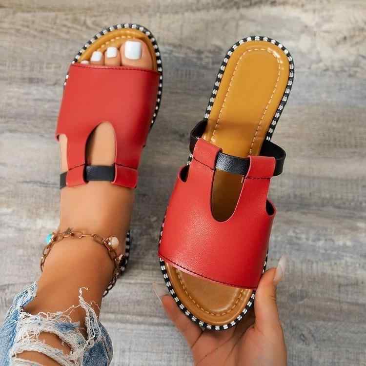 ミュール レディース フラットヒール オープントゥ 大きいサイズ おしゃれ 外履き カジュアル スエード調 アッパー ゴム底 春夏 サンダル レッド(x2)