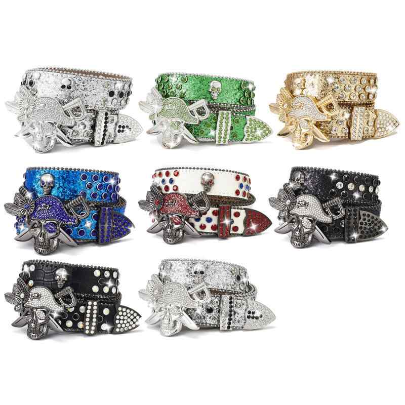 ベルト メンズ レディース ラインストーン スタッズ パンク ロック 欧米風 海賊風 スタイリッシュ エッジィ PUレザー 合金ピンバックル ユニセックス(x2)