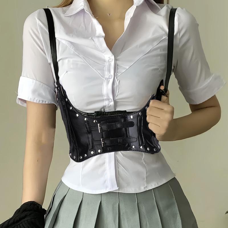 コルセット レディース パンク ロック ヘビーメタル スタッズ ダブルストラップ ベスト型 伸縮性 フェイクレザー ブラック ウエストマーク 幅広 重ね着 大人カジュアル モード系 ファッション小物