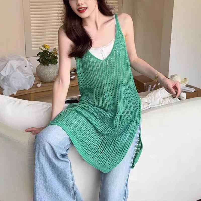 ニットキャミソール レディース 透かし編み 薄手 Vネック ノースリーブ ミドル丈 韓国風 ゆったり かわ..