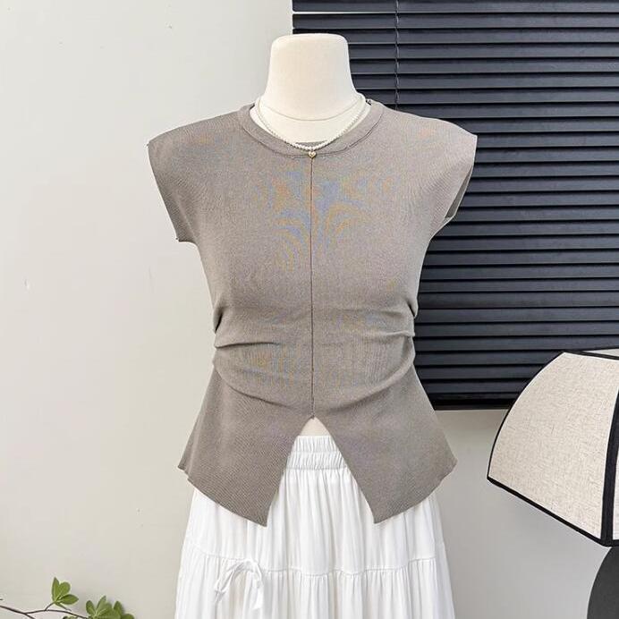 Tシャツ レディース ノースリーブ プルオーバー ギャザー ウエストマーク 細見え効果 スタイルアップ 無地 ラウンドネック ショート丈 上品 大人フェミニン きれいめ デザインカットソー(x2)