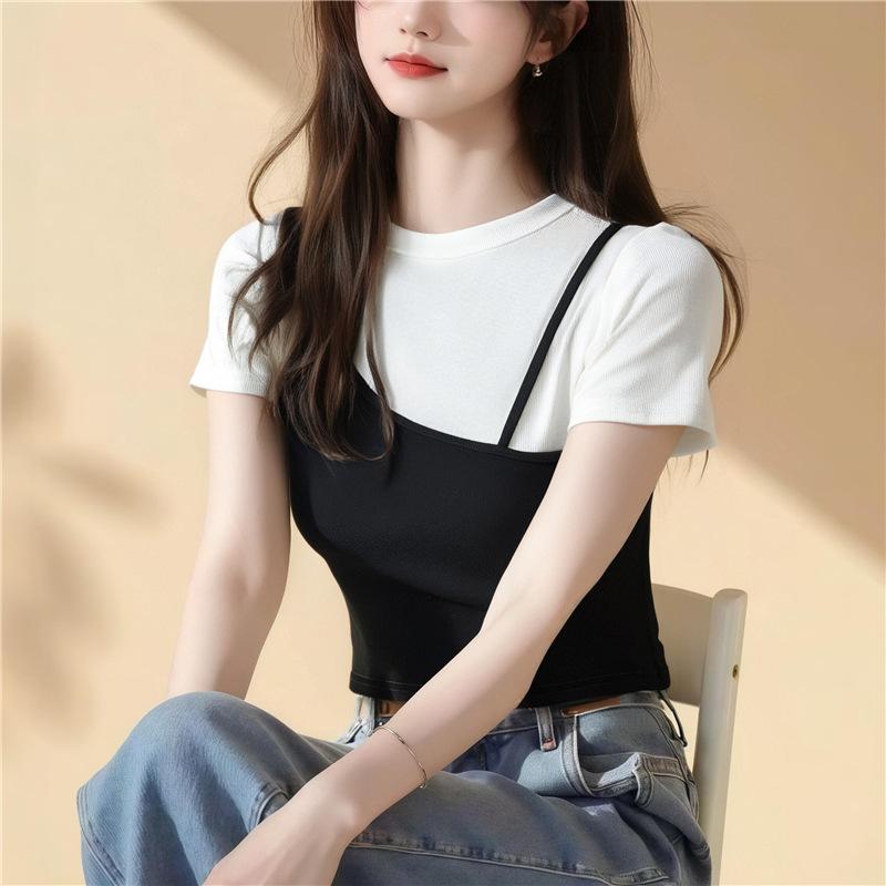 Tシャツ レディース 春夏 シンプル 丸首 半袖 プルオーバー パフスリーブ ショート丈 配色切り替え 伸縮性 ベスト ジレ アンサンブル 着回し 韓国ファッション カジュアル