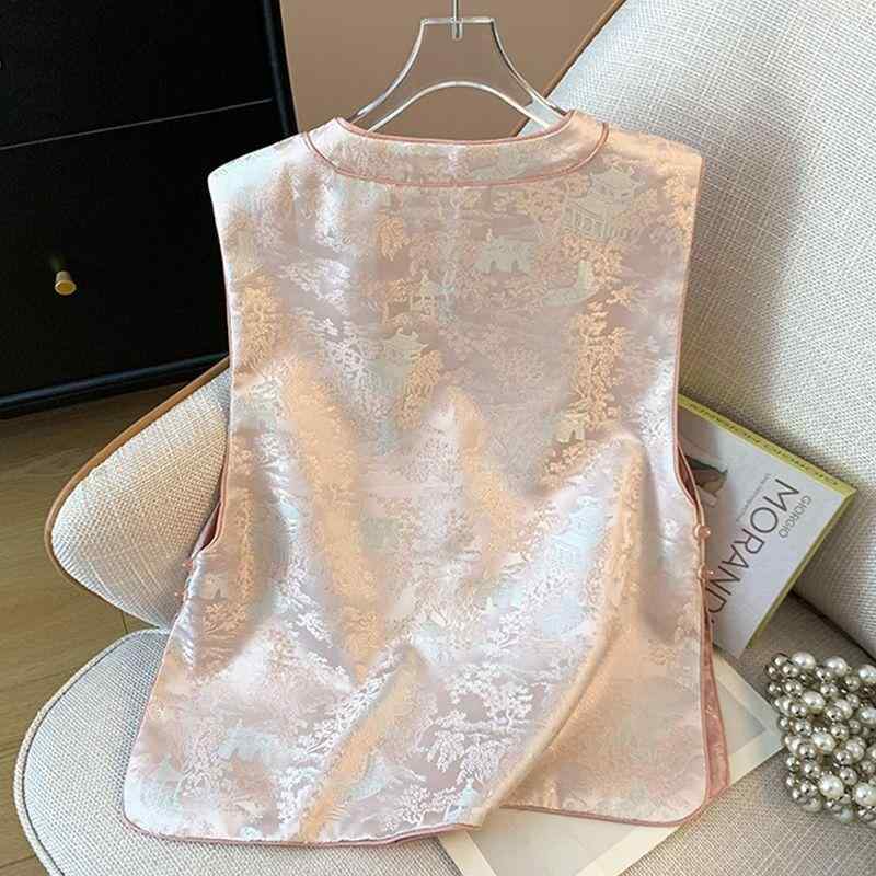 ベスト レディース 春夏 中国風 チャイナ風 レトロ 刺繍 宋錦 高級感 ラウンドネック ノースリーブ ト..