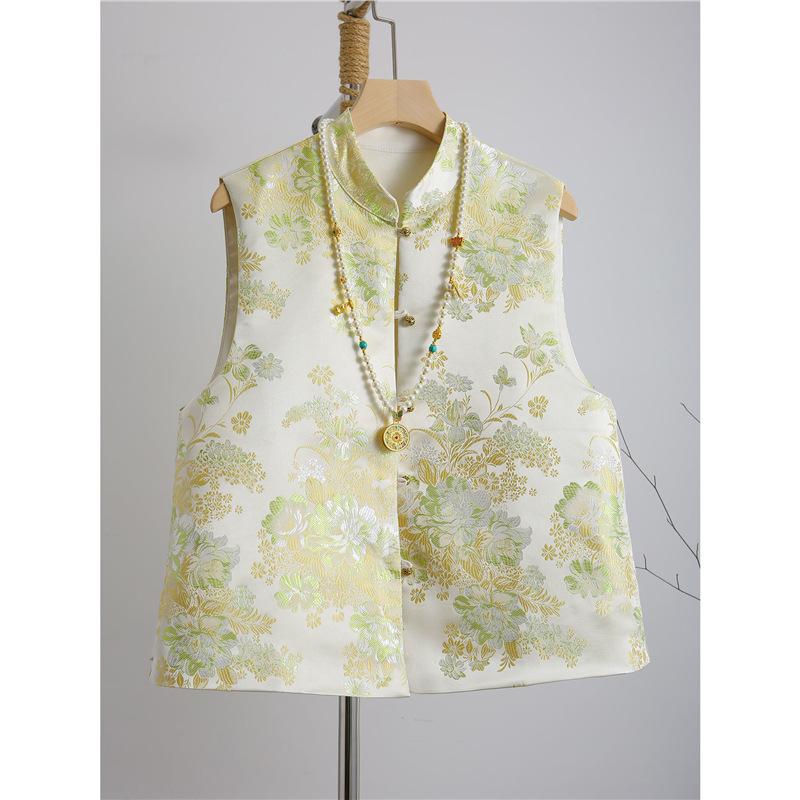ベスト レディース スタンドカラー ネオチャイニーズスタイル 凝ったジャガード 中国風 エスニック調 エレガント きれいめ通勤 大人カジュアル 羽織り 春夏 ポリエステル素材 ストレッチ