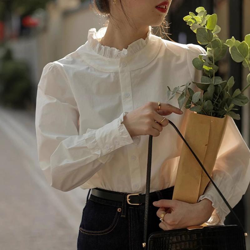 ブラウス レディース 白 フリル襟 長袖 シェニール素材 上品 きれいめ ゆったり 体型カバー 秋冬 オフィス カジュアル 大人女子 トップス(4)