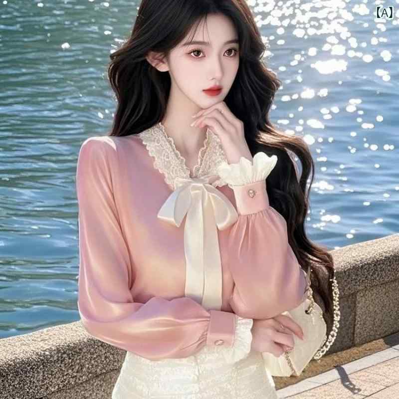 ブラウス レディース サテン レース リボンタイ 長袖 襟付き 春夏 軽やか 高級感 上品 エレガント 通勤 オフィススタイル