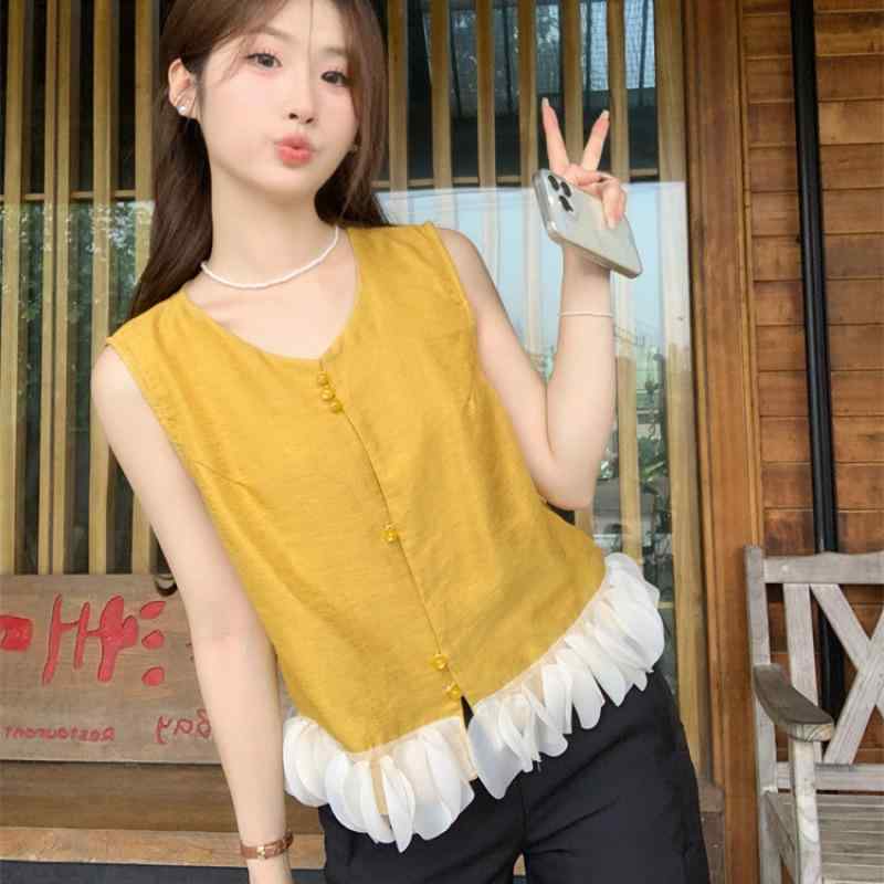Sleeveless - ブラウス レディース 切り替え メッシュ レース ノースリーブ ボタン 上品 きれいめ 若見え効果 スリムフィット ラウンドネック 綿素材 通勤 オフィスカジュアル