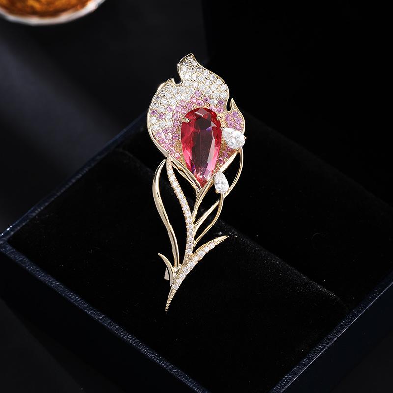 ブローチ レディース 秋冬 高級感 エレガント 繊細 上品 リーフ フェザー チューリップ 花 植物モチーフ 銅製 ジルコニア 電気メッキ加工 スーツ コート ...