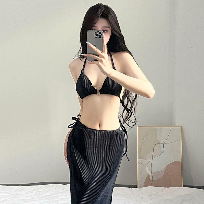 水着 レディース 3点セット 三角ビキニ パッド付き 小胸さん向け セクシー 大人かわいい 純欲風 高見え リゾート 温泉 プール スイムウェア ブラック