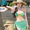水着 レディース ビキニ 3点セット セクシー ストラップ セパレート スカート 体型カバー 胸パッド付き ノンワイヤー 高伸縮 リゾート 温泉 プール 大人用 グリーン ポリエステル