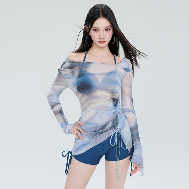 水着 レディース 体型カバー 着痩せ効果 セパレート ビキニ 3点セット ワイヤー入り パッド付き 谷間メイク ハイウエスト スタイルアップ リゾート プール 海 夏 セクシー 無地 ブルー(x2)