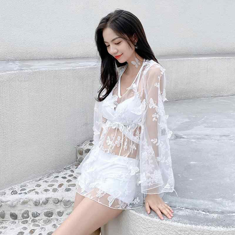 水着 レディース セパレート 長袖 レース ビキニ 3点セット ハイウエスト ワイヤー入り パッド付き 体型カバー セクシー バックシャン ビーチ プール 海水浴