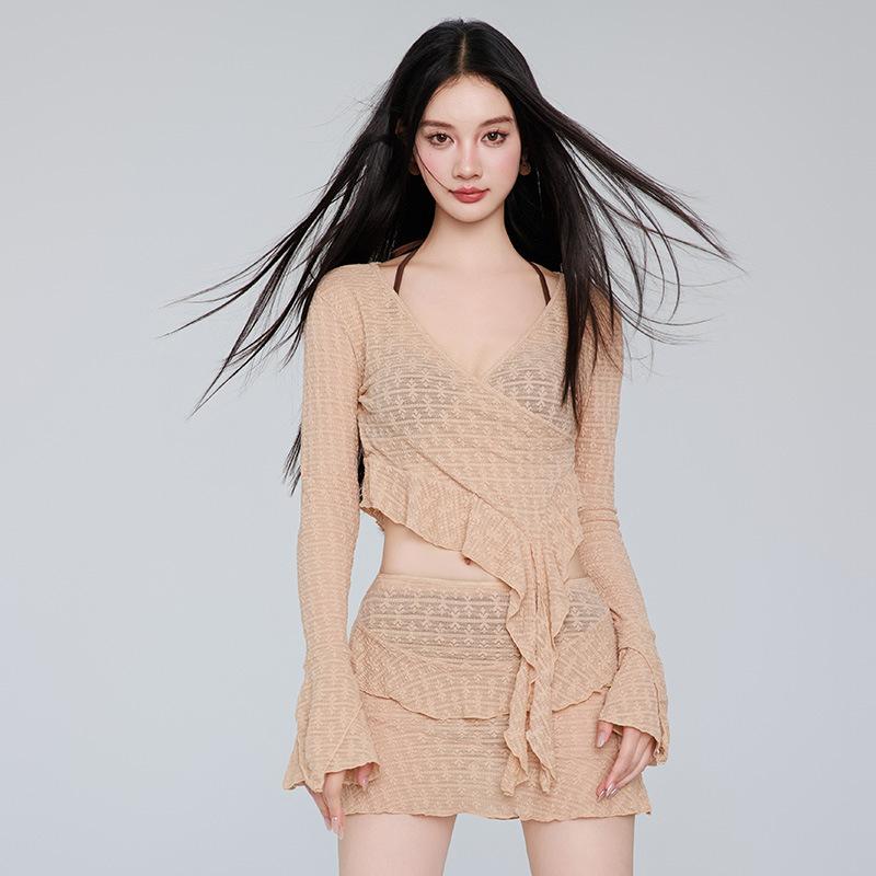 水着 レディース スカートタイプ セパレート 4点セット 胸パッド付き ノンワイヤー レース セクシー 体型カバー UVカット 長袖 伸縮性 耐久性 プール ビーチ ジム フィットネス マリンスポーツ(x2)