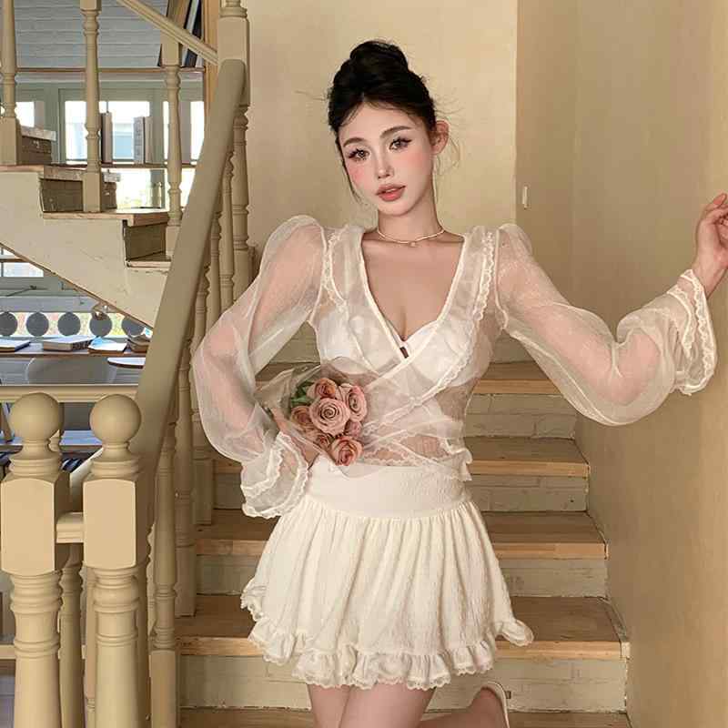 水着 レディース セパレート ビキニ 4点セット シアーレース 体型カバー 細見え 谷間メイク セクシー フェミニン 大人かわいい 温泉 リゾート ホテル プール 旅行 カップ付き ノンワイヤー ホワイト スイムウェア(x2)