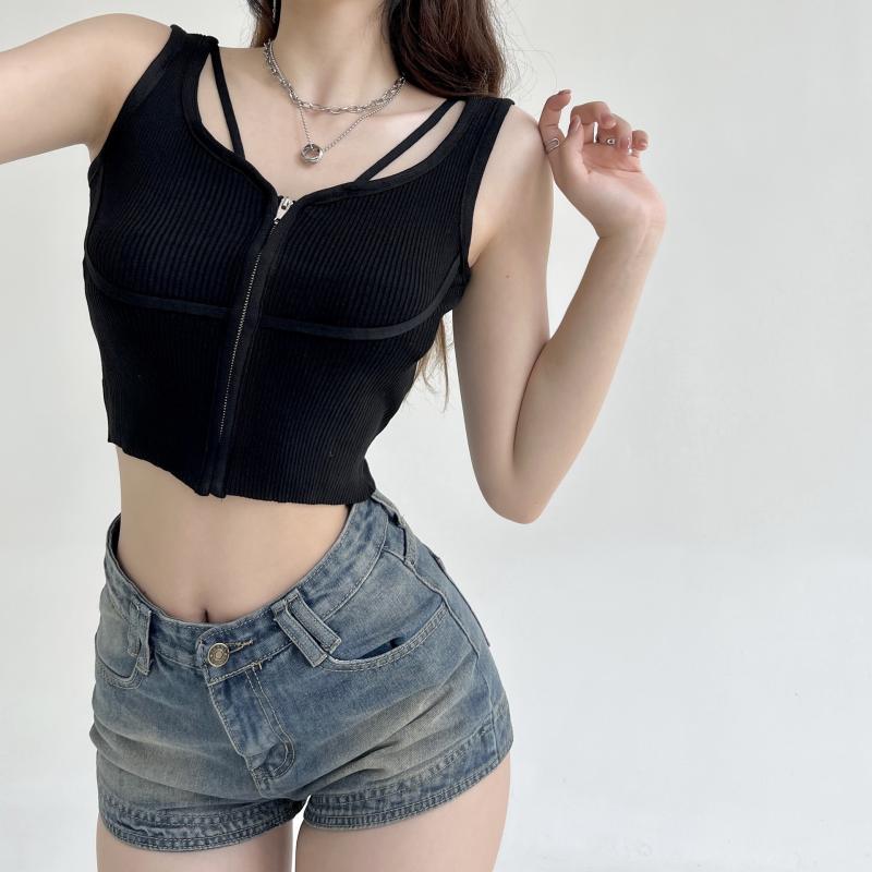 ニットキャミソール レディース セクシー クロップド丈 ショート丈 タイト ジップアップ デザイン性 着..