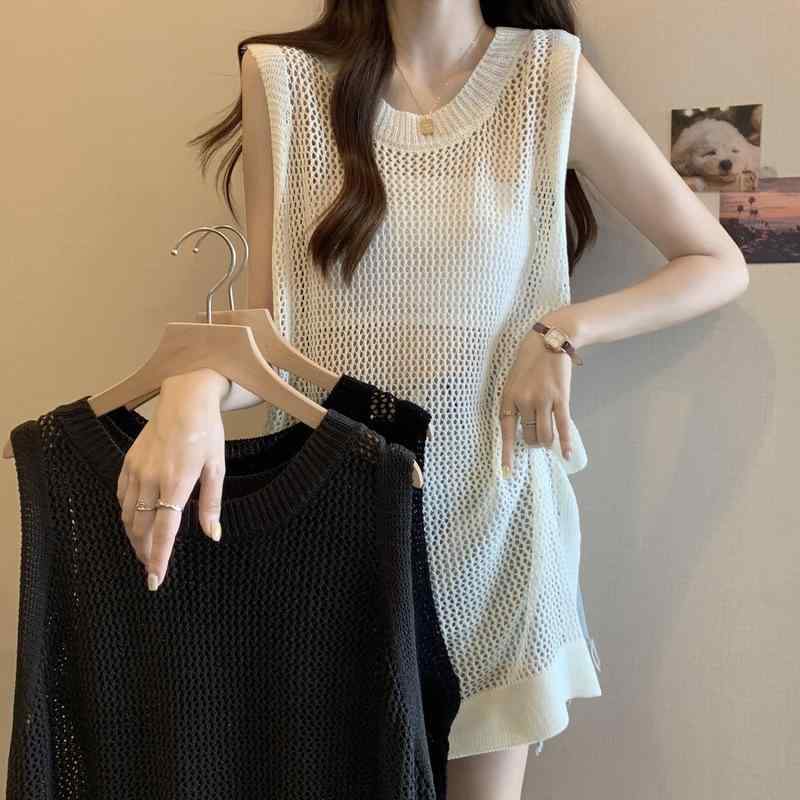 ベスト レディース 接触冷感 涼しい 透かし編み ラウンドネック ノースリーブ ニット ゆったり サイドスリット ミドル丈 無地 トップス 春夏(x2)(4)