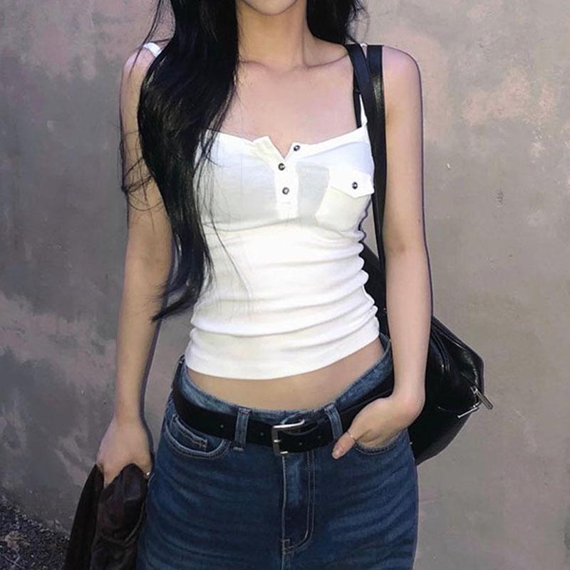 タンクトップ レディース ストリート カジュアル ワークスタイル ポケット付き ハーフボタン ショート丈 スリムフィット 無地 着回し 細見え ニット 伸縮性 ポリエステル 春夏