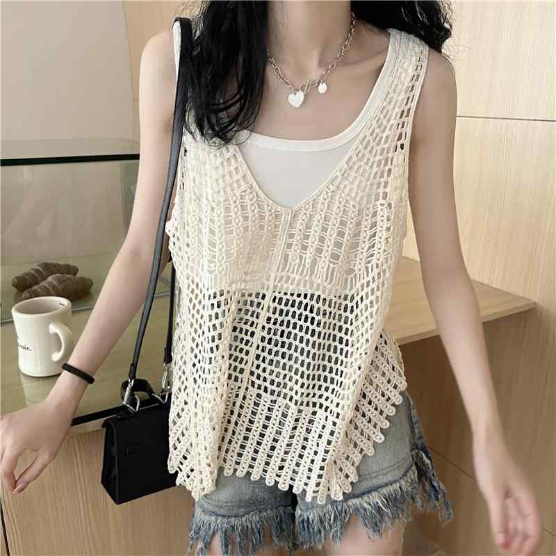 ベスト レディース 鉤針編み 透かし編み Vネック ノースリーブ ボヘミアン レトロ リゾート スタイル ..