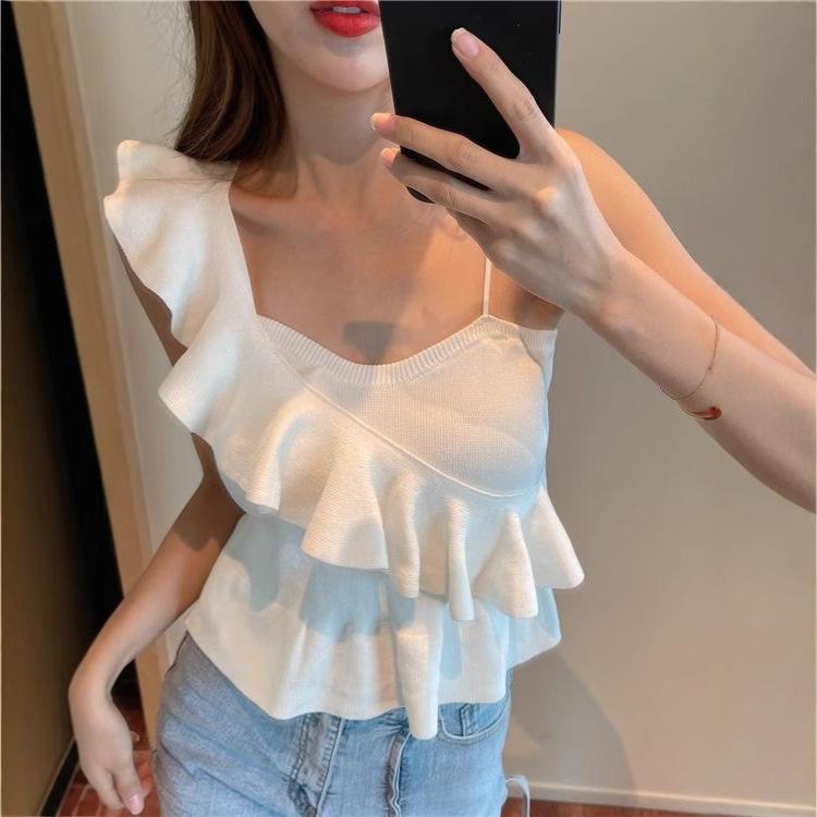 ニットキャミソール レディース ノースリーブ フリル デザイン 春夏 インナー トップス 重ね着 無地 ス..