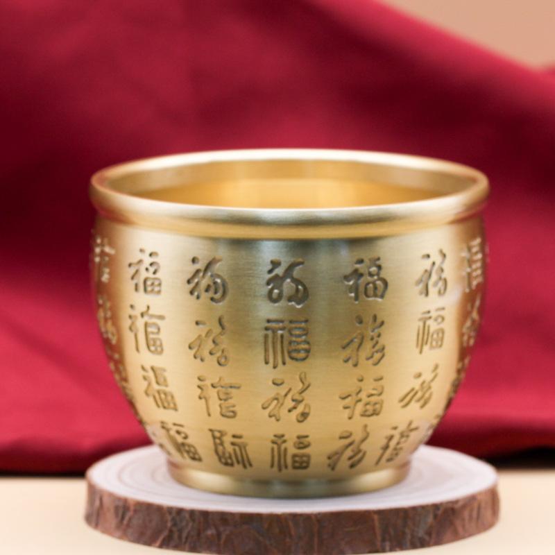 置物 真鍮製 精密彫刻 百福文様 聚宝盆 米びつ 香炉 灰皿 茶器 酒器 開運招財 風水縁起物 インテリア 家庭用 オフィス ギフト