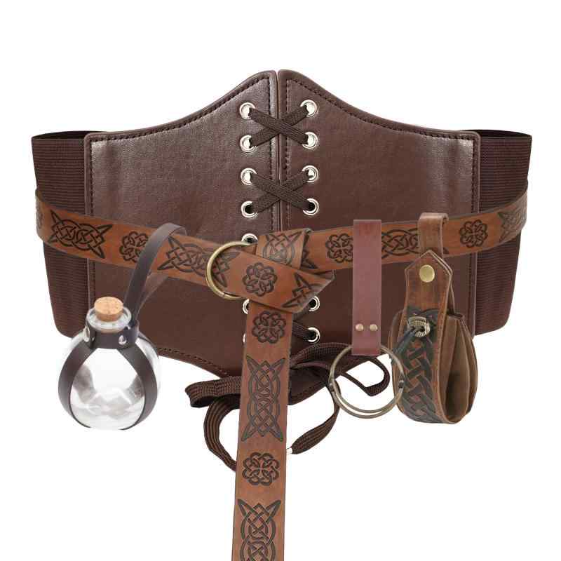 衣装セット 5点セット ルネサンス 中世 ゴシック ハロウィン コスプレ 仮装 PUレザー コルセット 太め..