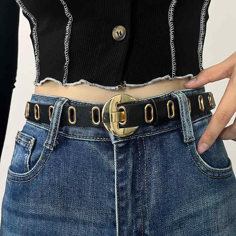 ベルト レディース パンチング カットアウト PUレザー ピンバックル 高級感 シンプル カジュアル パン..
