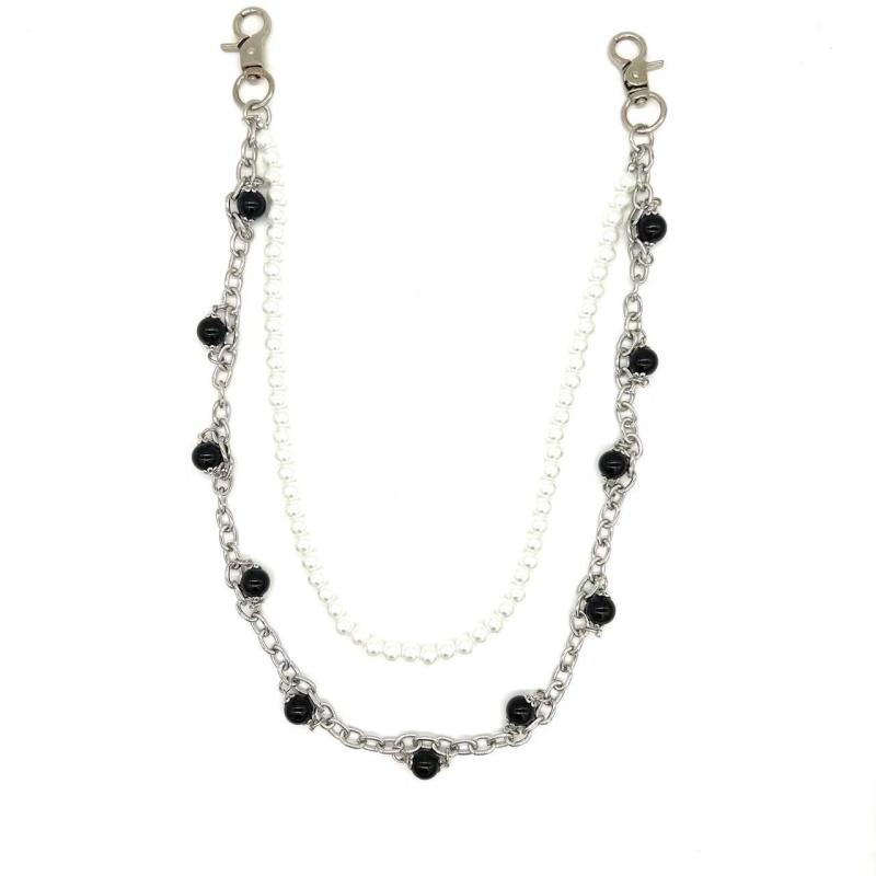 パンツチェーン ユニセックス 男女兼用 フェイクパール ダブル デニム アメリカンストリートカジュアル ブラック メタル ヒップホップ オリジナルデザイン オールシーズン ロング