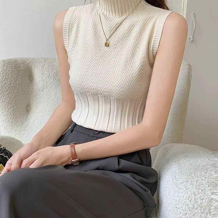 ニット タンクトップ レディース 通勤 ハイネック ノースリーブ インナー 細見え スタイルアップ ポリ..