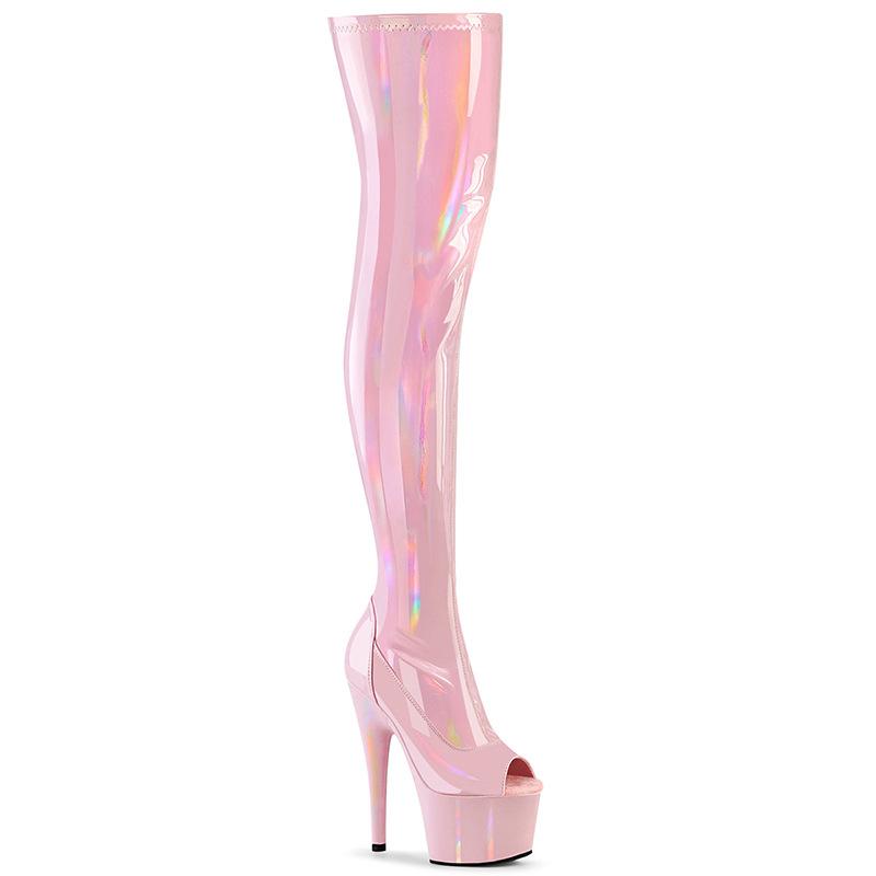 ブーツ レディース 17cm 超ハイヒール ポールダンス ニーハイブーツ エナメル PUレザー オープントゥ ピンヒール 防水 防滑 サイドジップ ラバーソール 海外人気
