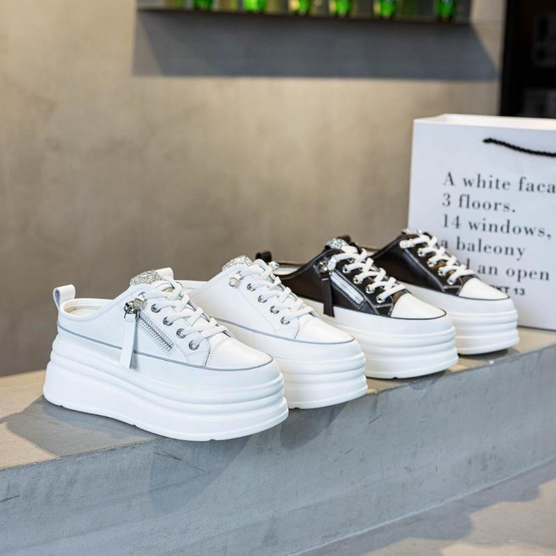 ミュール レディース 厚底 プラットフォーム インヒール ラインストーン ジッパー 通気性 ラウンドトゥ..