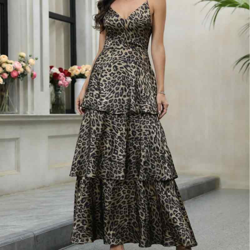 ワンピース レディース Vネック ヒョウ柄 セクシー エレガント ウエストシェイプ 細見え 高級感 キャミソール ロング丈 ハイウエスト パーティードレス