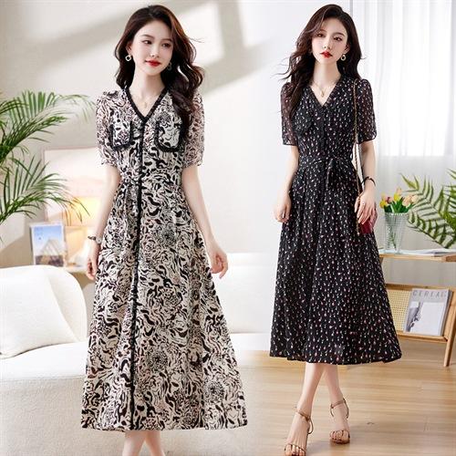 ワンピース レディース 花柄 ミモレ丈 Vネック シフォン 半袖 韓国風 きれいめ 大人カジュアル 春夏(x2)